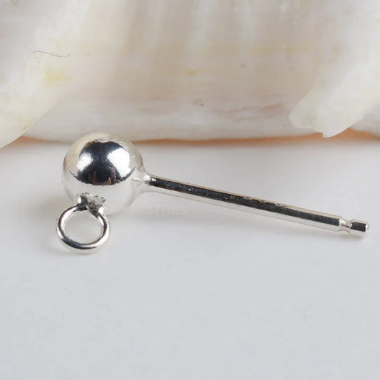 Solid 925 Sterling Silver Ball Earring Post 4 mm with Closed Jump Ring ,1pair