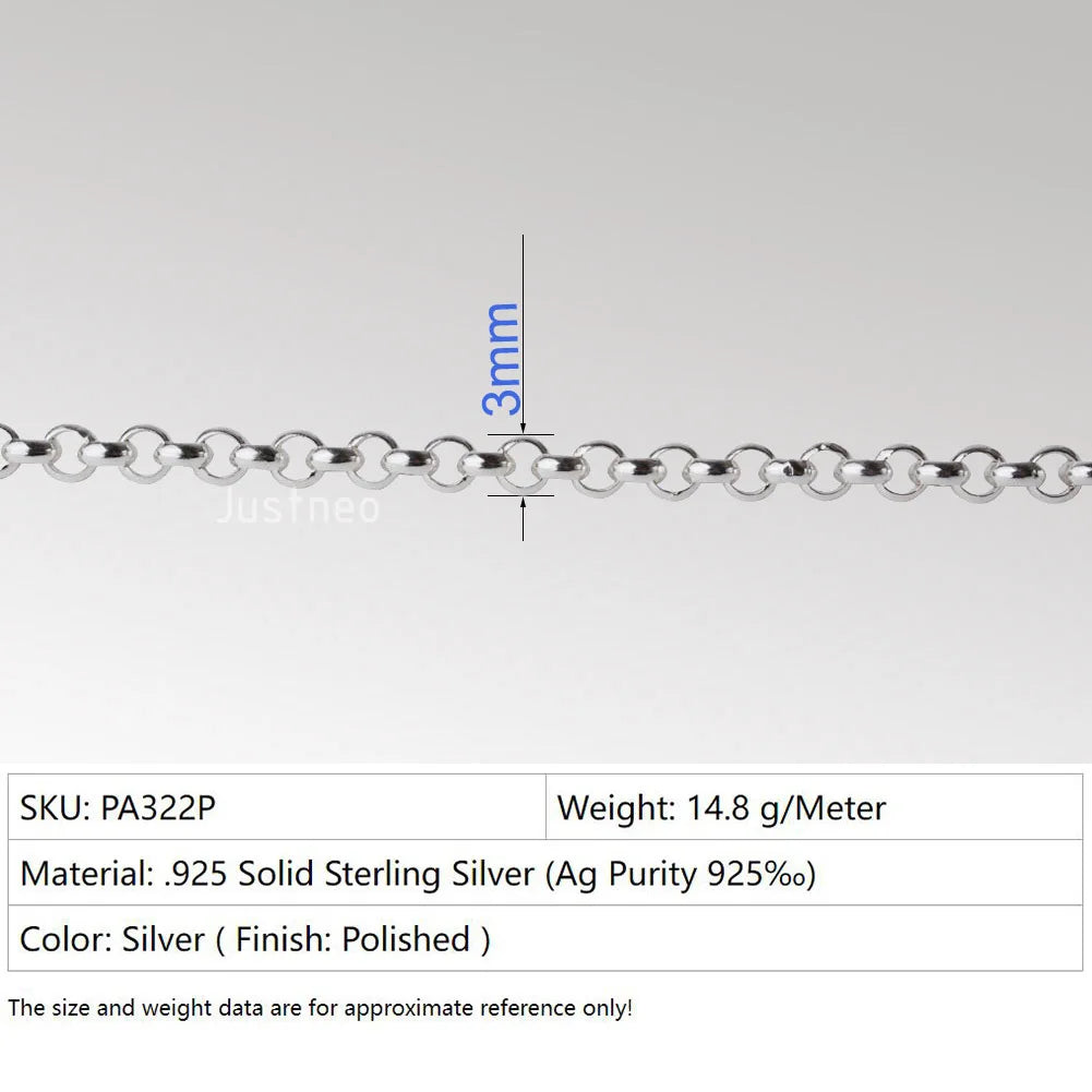Solid 925 Sterling Silver Rollo/Rolo Chain Loose Rope Link for Jewelry Diy Components and Findings