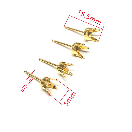 Solid 925 Sterling Silver Round Earring Stud Post 18K Gold Color Pronged for Jewelry Stones Beads Making Snaps in Setting