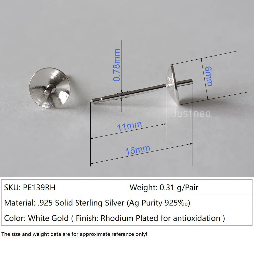 Solid 925 Sterling Silver Earring Studs Ear Post Finding with Cupped Pad for Holding Pearl Gemstone Beads