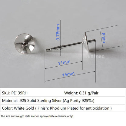 Solid 925 Sterling Silver Earring Studs Ear Post Finding with Cupped Pad for Holding Pearl Gemstone Beads