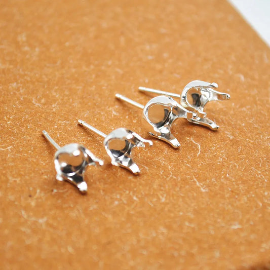 1 Pair Solid Sterling Silver Round Earring Stud Post Components Prongy for Jewelry Stones Beads Making Snaps in Settings