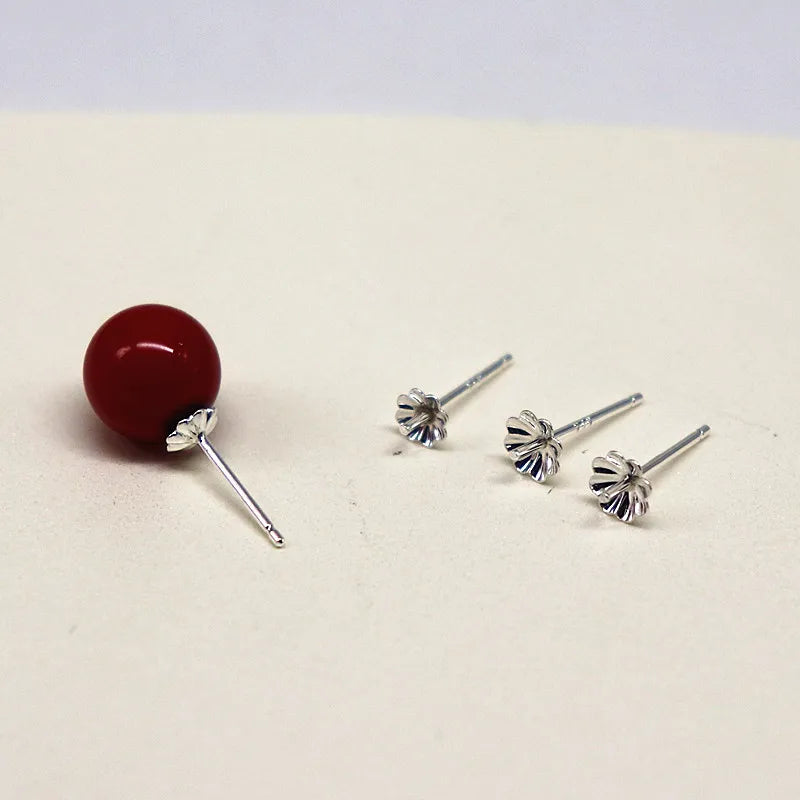 1Pair  925 Sterling  Silver Earring Settings Etud Flower Shape for Pearl Round Beans Accessories DIY Stones for Lady 1 Pair