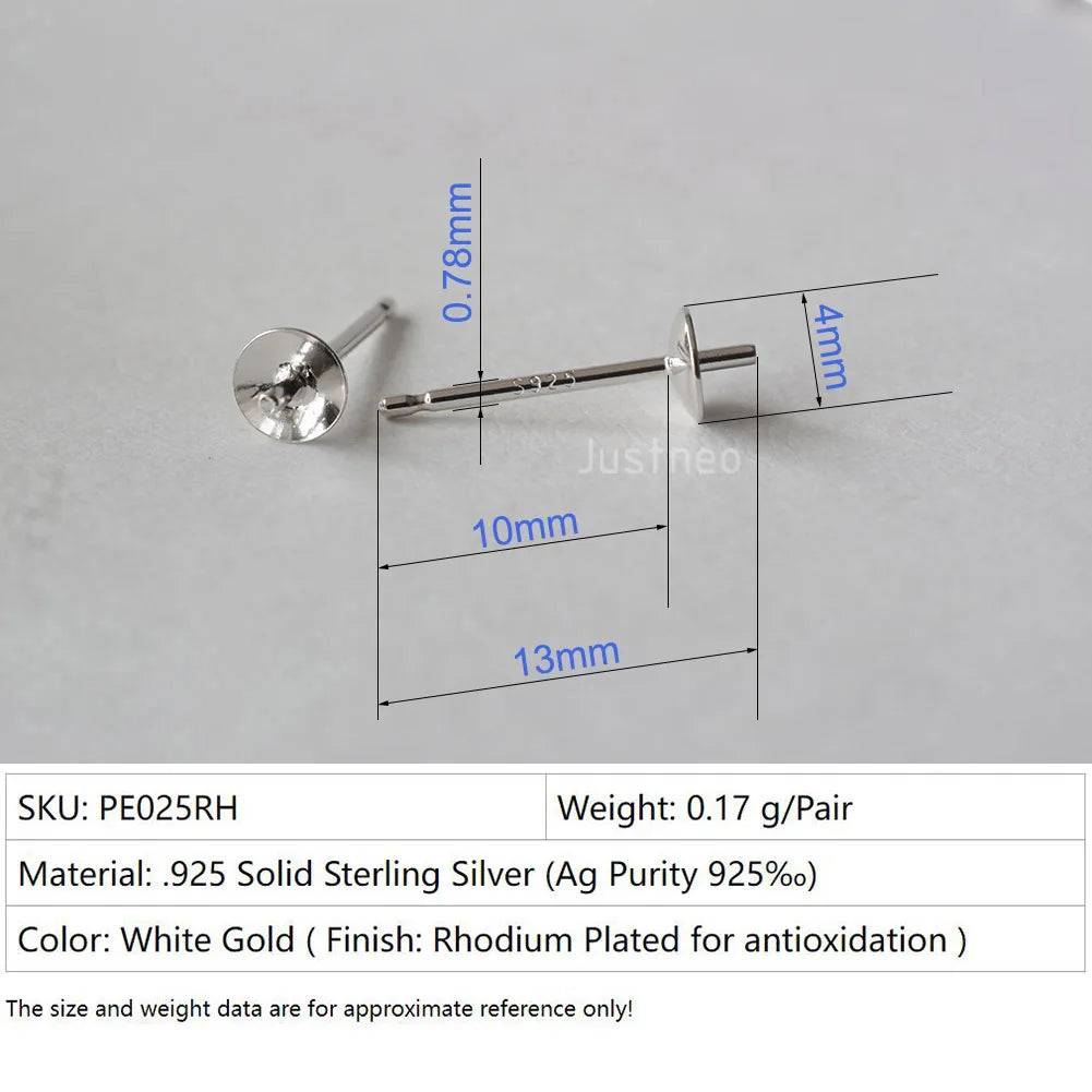 Solid 925 Sterling Silver Earring Studs Ear Post Finding with Cupped Pad for Holding Pearl Gemstone Beads