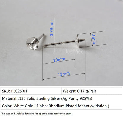 Solid 925 Sterling Silver Earring Studs Ear Post Finding with Cupped Pad for Holding Pearl Gemstone Beads
