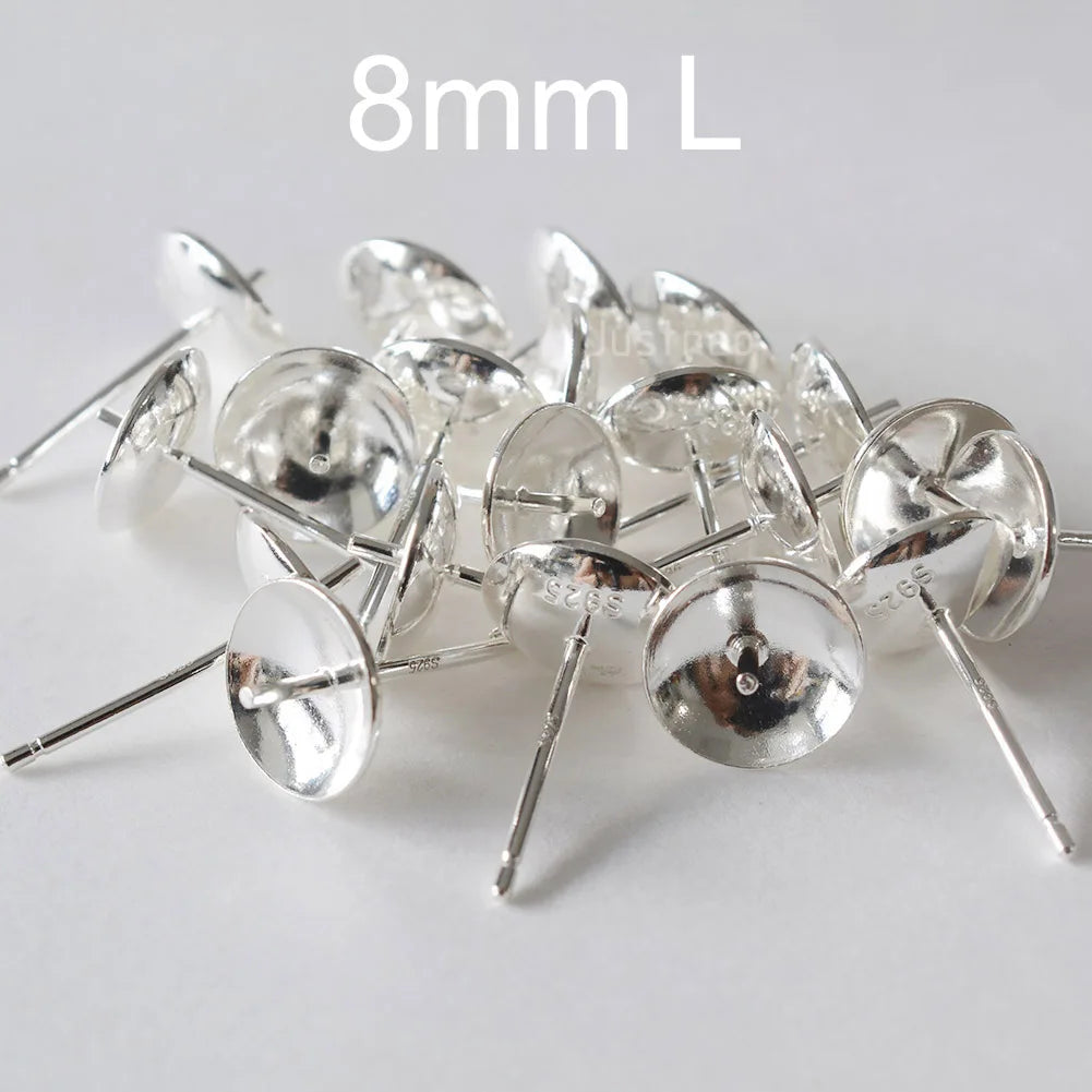 Solid 925 Sterling Silver Earring Studs Ear Post Finding with Cupped Pad for Holding Pearl Gemstone Beads