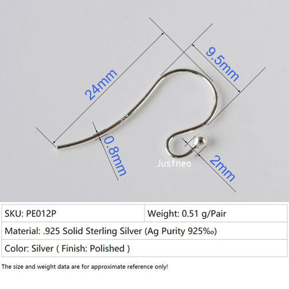 ear hook,24*0.8mm solid 925 sterling silver earring wire hooks with 2mm ball ,1pair