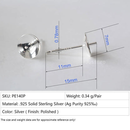 Solid 925 Sterling Silver Earring Studs Ear Post Finding with Cupped Pad for Holding Pearl Gemstone Beads