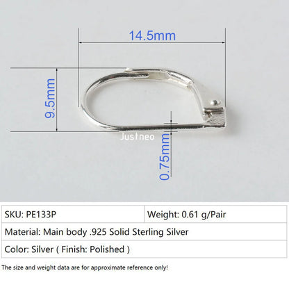 Solid 925 Sterling Silver Hinged French Leverback Eearwire Hook Findings , snap hook for Earring Jewelry DIY