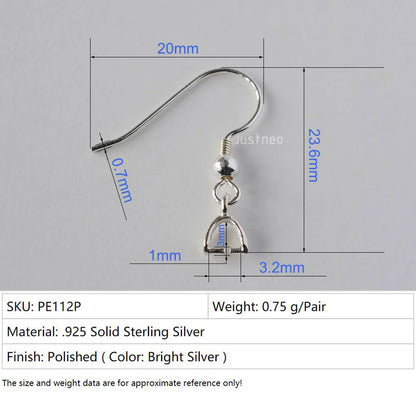 Solid 925 Sterling Silver Earring Hooks with Small Pinch Clip Bail Pendant Clasps Connector, jewelry DIY silver findings
