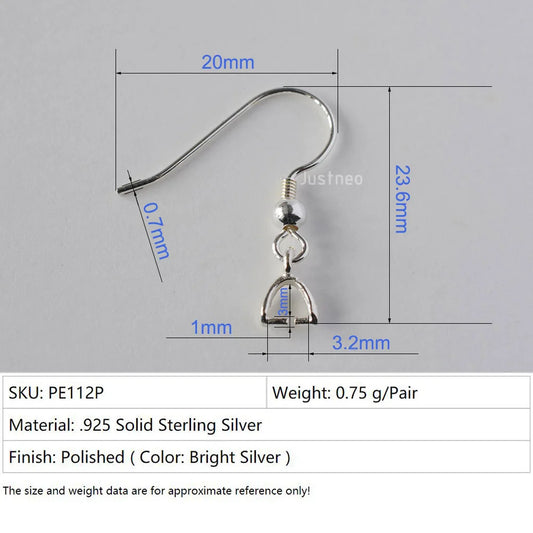 Solid 925 Sterling Silver Earring Hooks with Small Pinch Clip Bail Pendant Clasps Connector, jewelry DIY silver findings