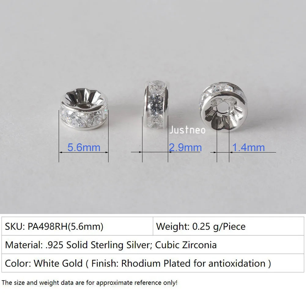 925 Sterling Silver CZ Rondelle Spacer Beads, Silver Clear Cubic Zirconia Loose Beads for DIY Craft Jewelry Making