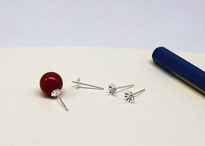 1Pair  925 Sterling  Silver Earring Settings Etud Flower Shape for Pearl Round Beans Accessories DIY Stones for Lady 1 Pair