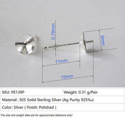 Solid 925 Sterling Silver Earring Studs Ear Post Finding with Cupped Pad for Holding Pearl Gemstone Beads