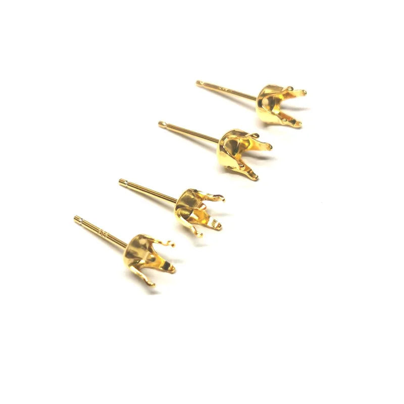 Solid 925 Sterling Silver Round Earring Stud Post 18K Gold Color Pronged for Jewelry Stones Beads Making Snaps in Setting
