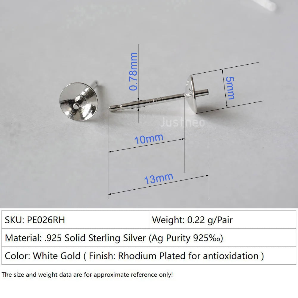 Solid 925 Sterling Silver Earring Studs Ear Post Finding with Cupped Pad for Holding Pearl Gemstone Beads