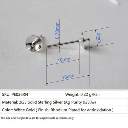 Solid 925 Sterling Silver Earring Studs Ear Post Finding with Cupped Pad for Holding Pearl Gemstone Beads