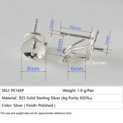 925 Sterling Silver Earring Stud Posts and Pull-up Backs with 8mm Pearl earring cups for Jewelry making supplies