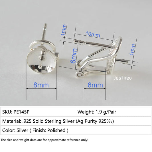 925 Sterling Silver Earring Stud Posts and Pull-up Backs with 8mm Pearl earring cups for Jewelry making supplies