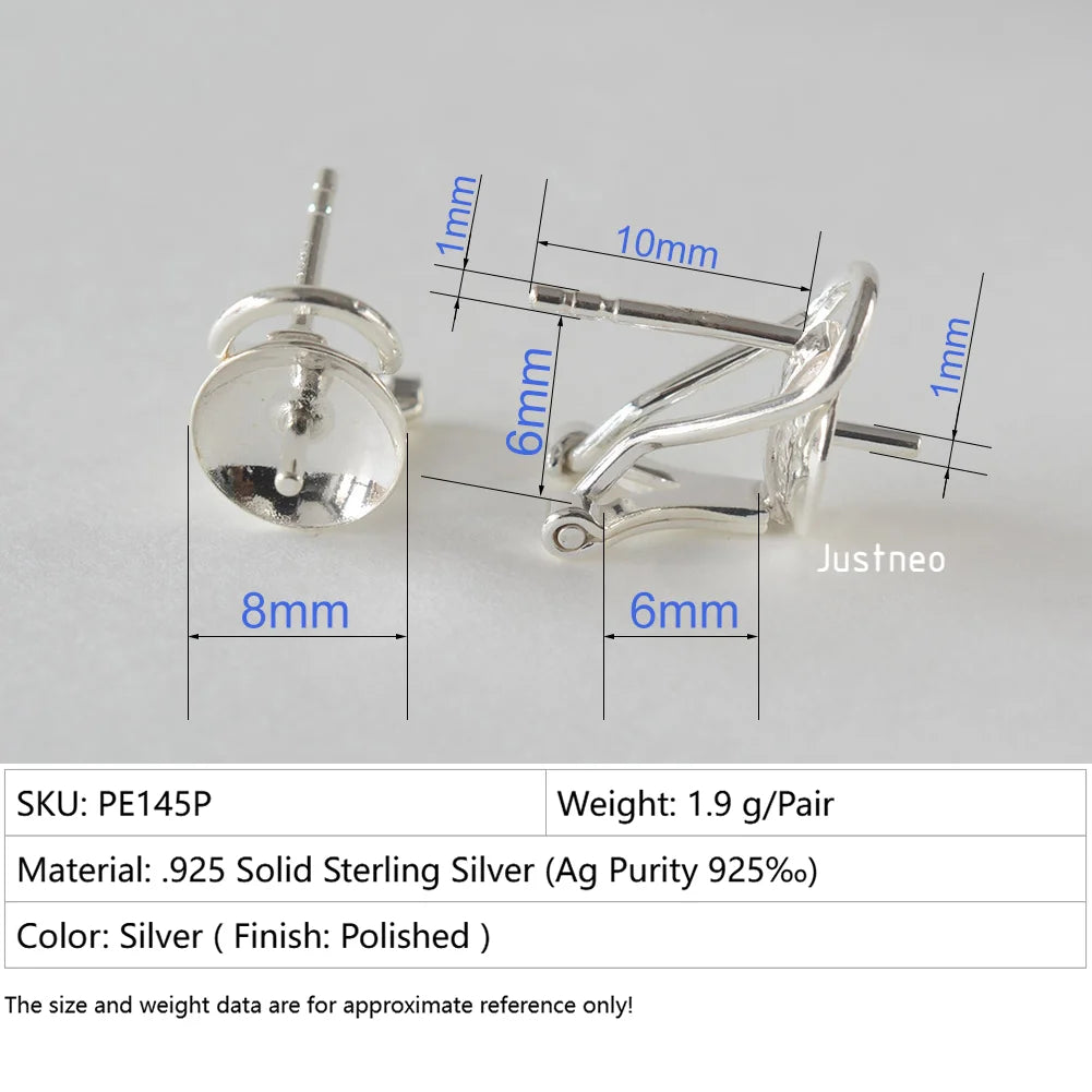 925 Sterling Silver Earring Stud Posts and Pull-up Backs with 8mm Pearl earring cups for Jewelry making supplies