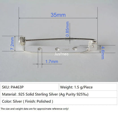 Solid 925 Sterling Silver Breastpin Safty-Closure Needle Lapel Stick, Handmade  DIY Blank Stick Pins Brooches Findings