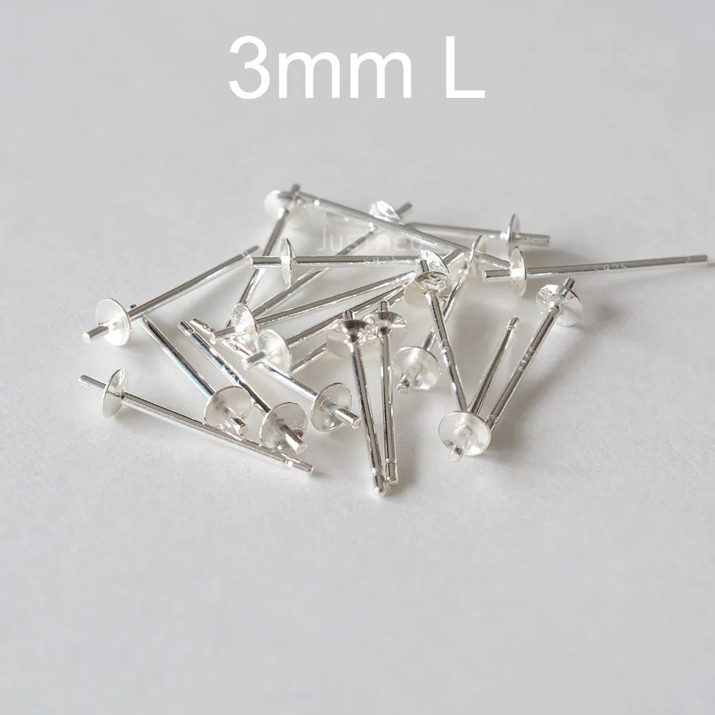 Solid 925 Sterling Silver Earring Studs Ear Post Finding with Cupped Pad for Holding Pearl Gemstone Beads