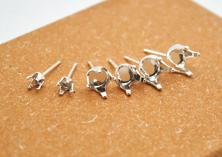 1 Pair Solid Sterling Silver Round Earring Stud Post Components Prongy for Jewelry Stones Beads Making Snaps in Settings