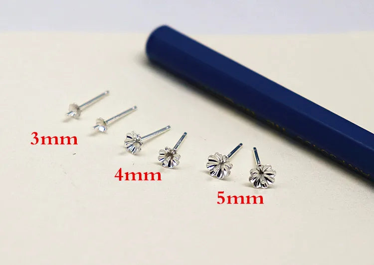 1Pair  925 Sterling  Silver Earring Settings Etud Flower Shape for Pearl Round Beans Accessories DIY Stones for Lady 1 Pair