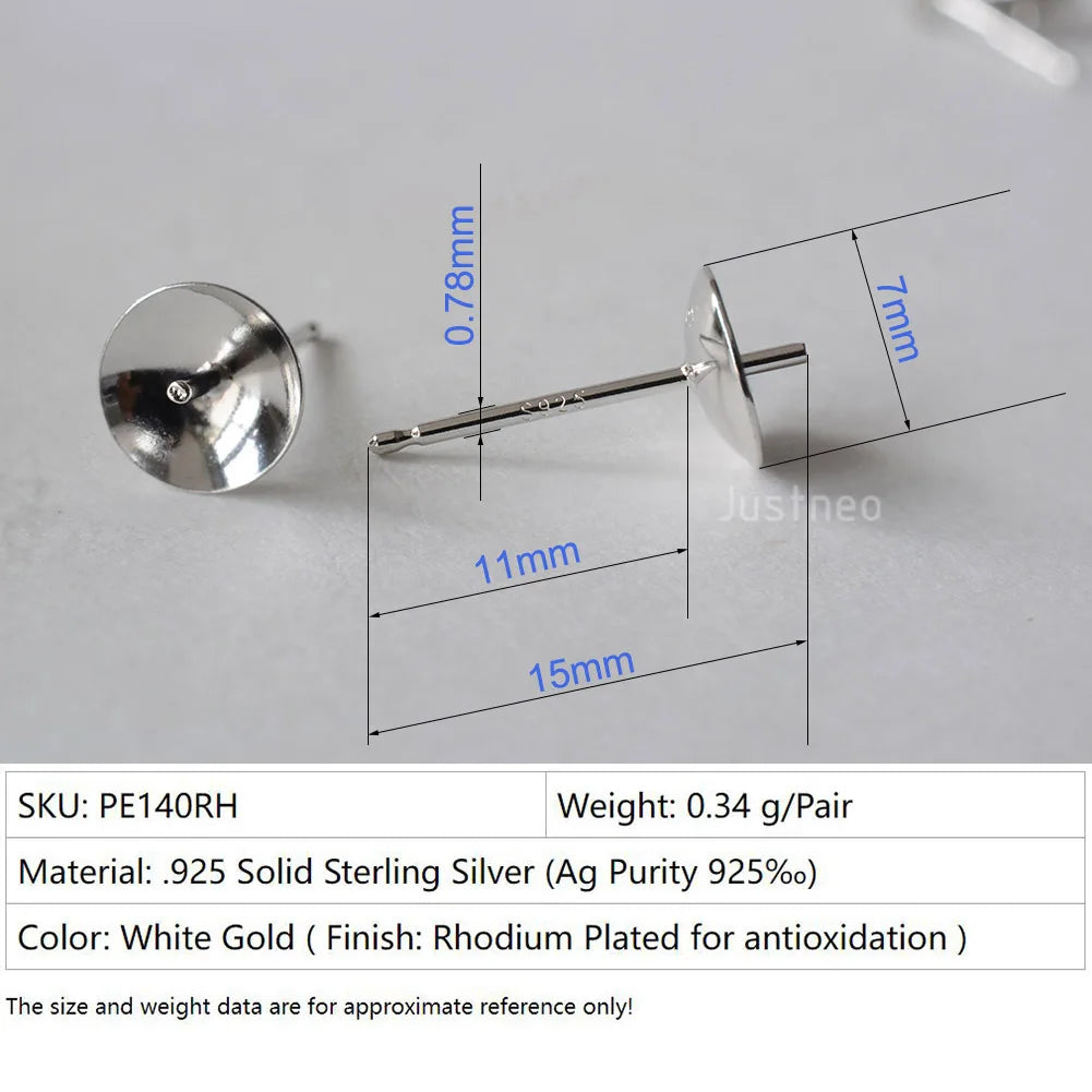 Solid 925 Sterling Silver Earring Studs Ear Post Finding with Cupped Pad for Holding Pearl Gemstone Beads