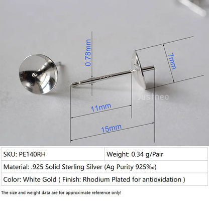 Solid 925 Sterling Silver Earring Studs Ear Post Finding with Cupped Pad for Holding Pearl Gemstone Beads