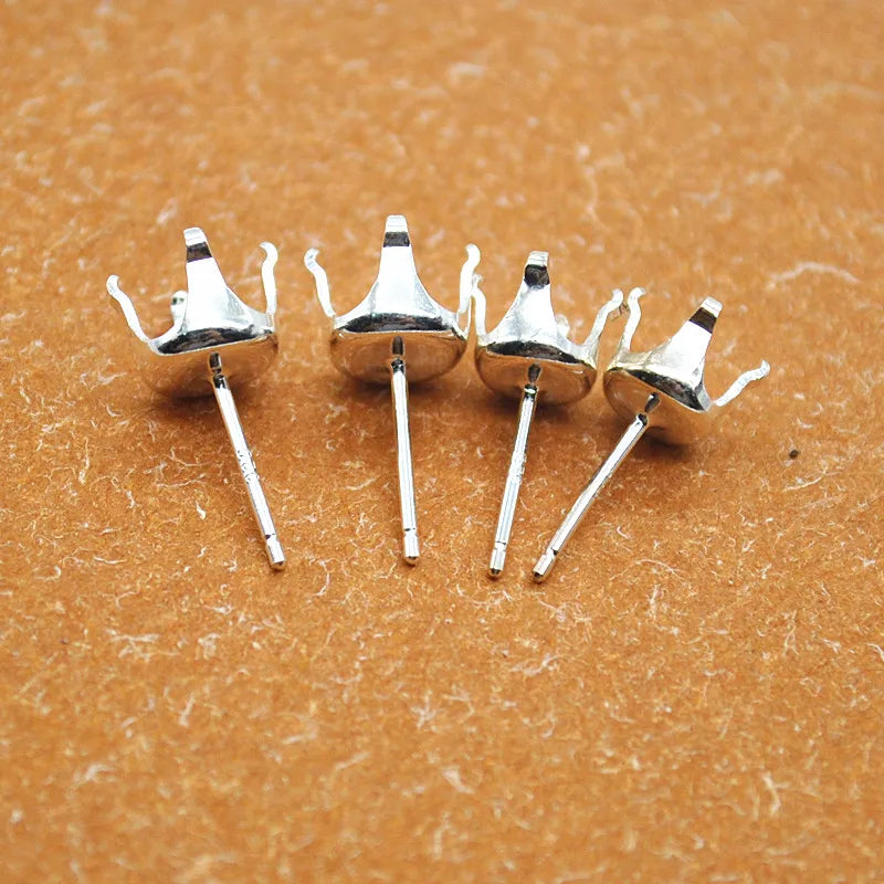 1 Pair Solid Sterling Silver Round Earring Stud Post Components Prongy for Jewelry Stones Beads Making Snaps in Settings