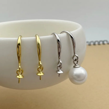 1Pair Solid 925 Sterling Silver Earring Hooks with Pearl Pins for Beads DIY Jewelry Accessories Making Components 18k Gold Color