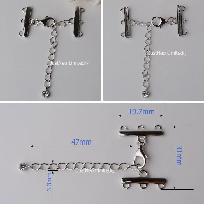 Solid 925 Sterling Silver Clasp Buckle 2/3 Strand Necklace Hook Cubic Zirconia Rhodium Plated  Diy Jewelry Components, 1pc
