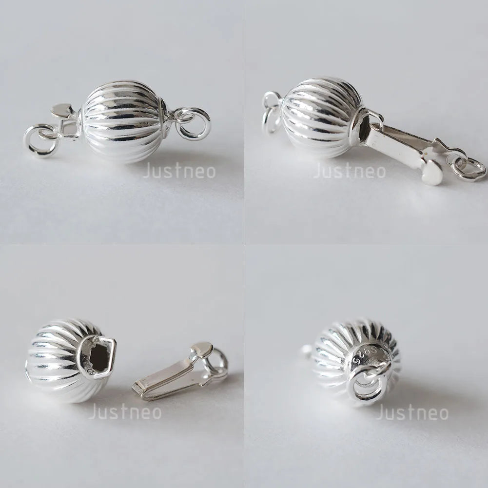 Solid 925 Sterling Silver Round Ball Box Clasp for Pearl Necklace Jewelry diy Components, 1 piece/lot