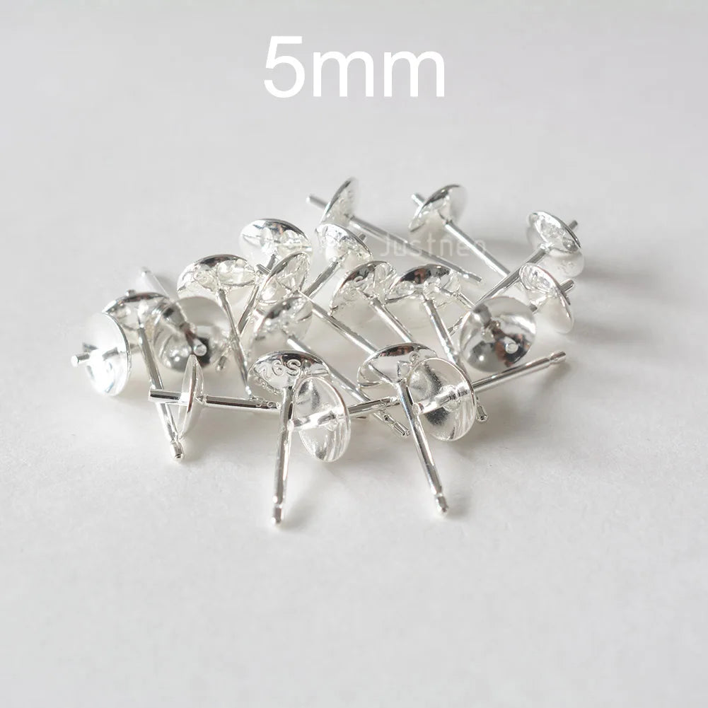 Solid 925 Sterling Silver Earring Studs Ear Post Finding with Cupped Pad for Holding Pearl Gemstone Beads