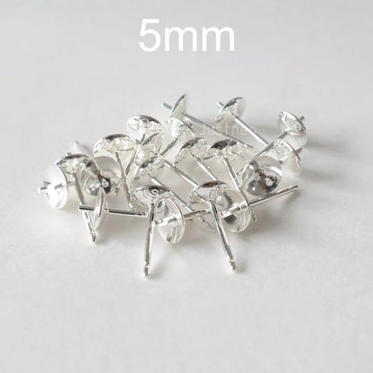 Solid 925 Sterling Silver Earring Studs Ear Post Finding with Cupped Pad for Holding Pearl Gemstone Beads