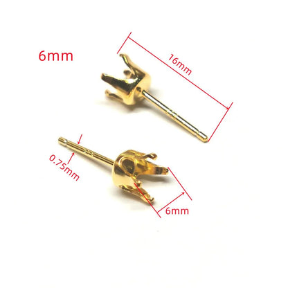 Solid 925 Sterling Silver Round Earring Stud Post 18K Gold Color Pronged for Jewelry Stones Beads Making Snaps in Setting