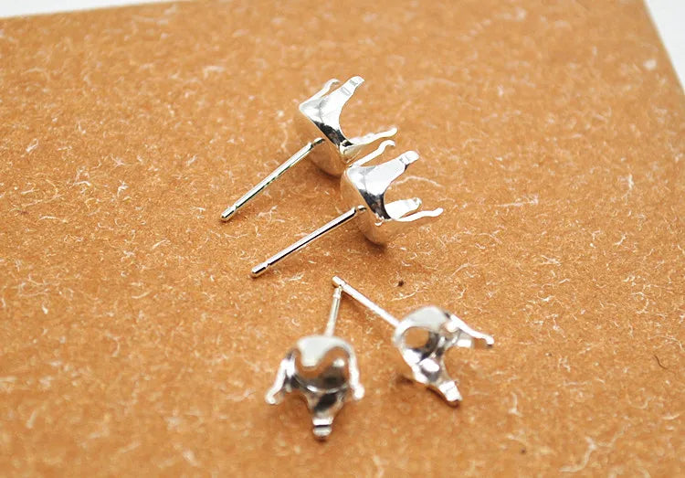 1 Pair Solid Sterling Silver Round Earring Stud Post Components Prongy for Jewelry Stones Beads Making Snaps in Settings