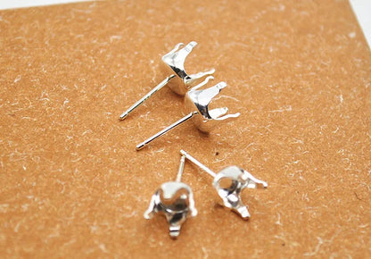 1 Pair Solid Sterling Silver Round Earring Stud Post Components Prongy for Jewelry Stones Beads Making Snaps in Settings
