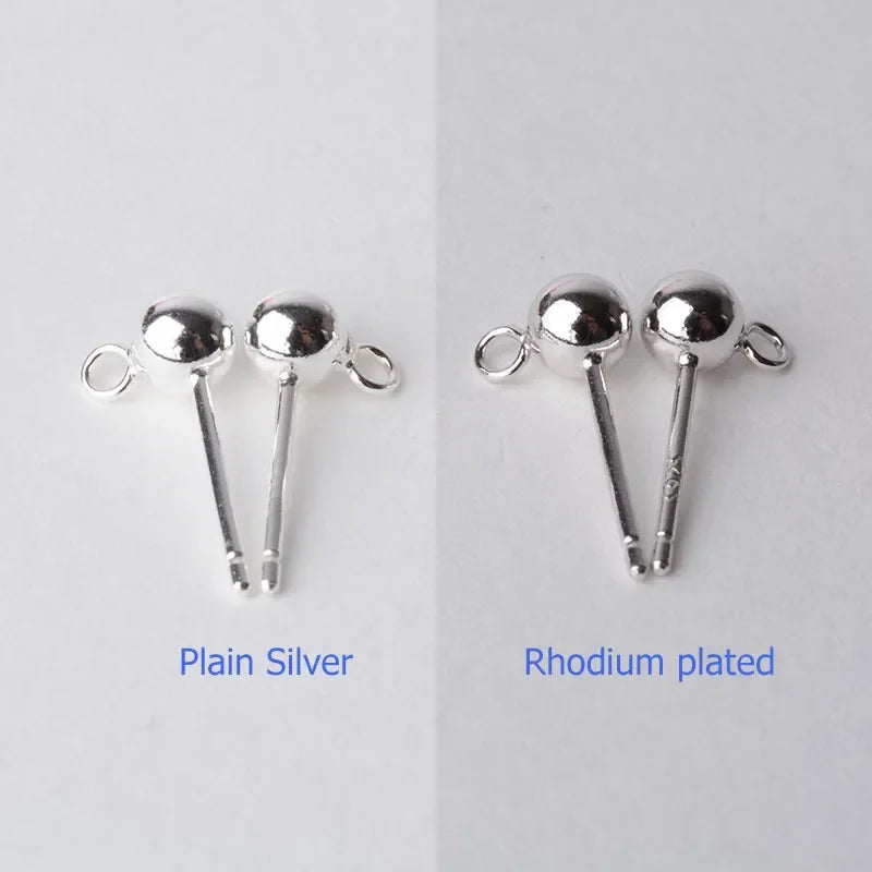 Solid 925 Sterling Silver Ball Earring Post 4 mm with Closed Jump Ring ,1pair