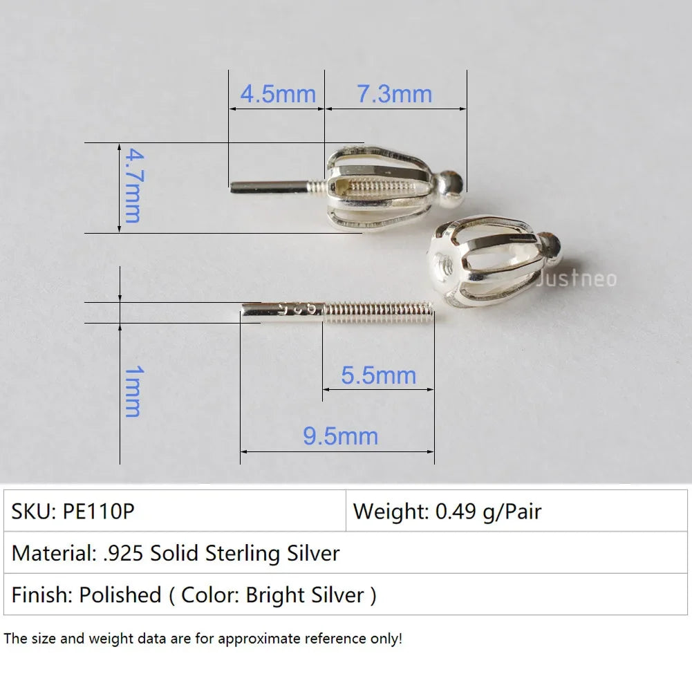 Solid 925 Sterling Silver screw Stud Earring Post Pin with screw earring backs for Pearl earring stud Jewelry diy Components