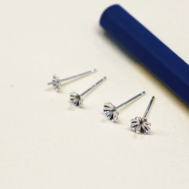1Pair  925 Sterling  Silver Earring Settings Etud Flower Shape for Pearl Round Beans Accessories DIY Stones for Lady 1 Pair