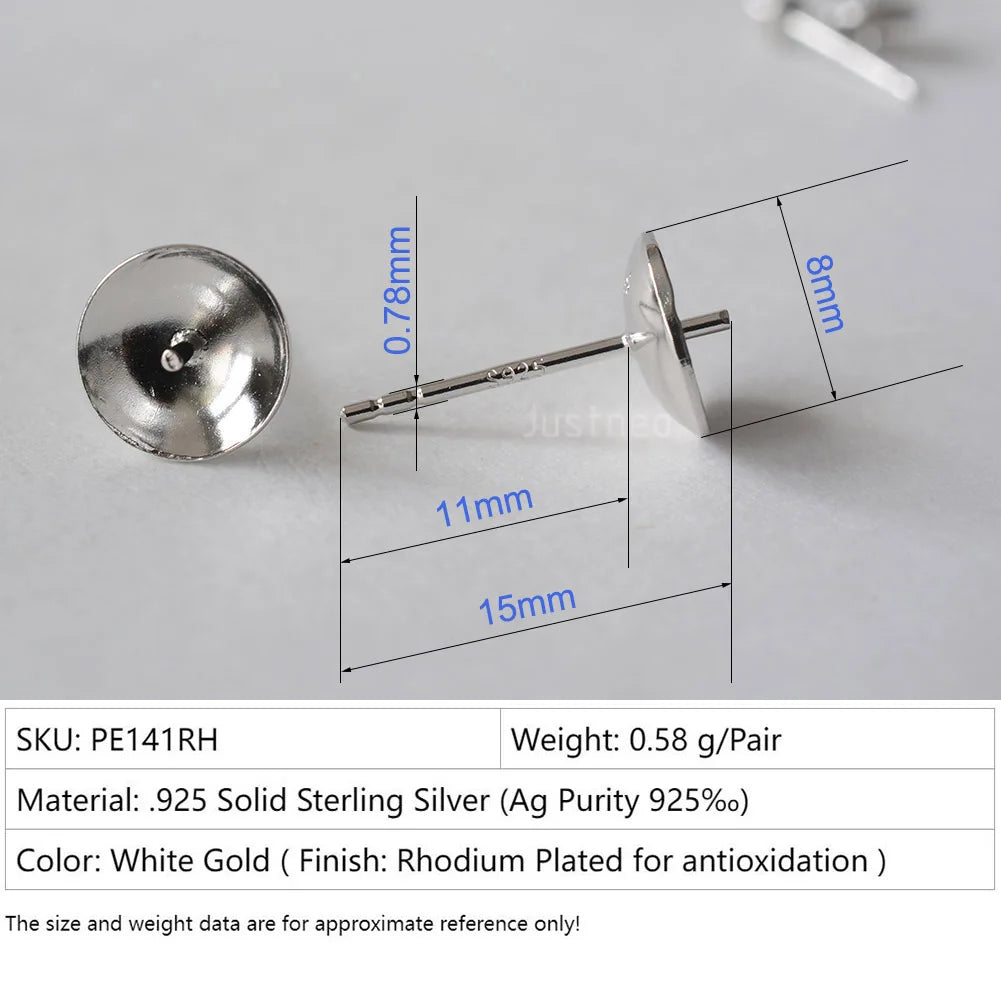 Solid 925 Sterling Silver Earring Studs Ear Post Finding with Cupped Pad for Holding Pearl Gemstone Beads