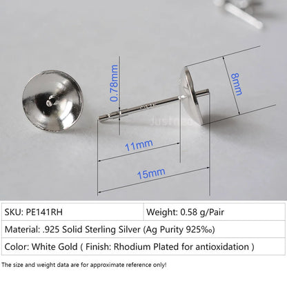 Solid 925 Sterling Silver Earring Studs Ear Post Finding with Cupped Pad for Holding Pearl Gemstone Beads