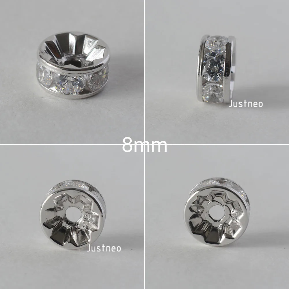 925 Sterling Silver CZ Rondelle Spacer Beads, Silver Clear Cubic Zirconia Loose Beads for DIY Craft Jewelry Making