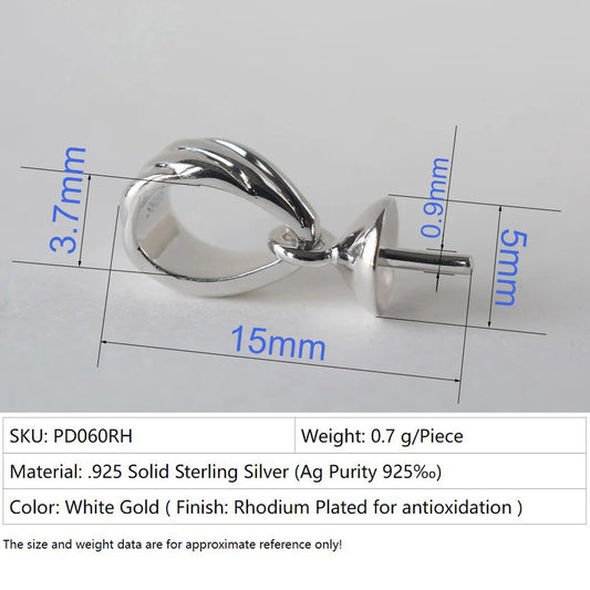 solid 925 sterling silver bail pendant clasp connector, pinch bail with cup peg for necklace & pendant jewelry, 1 piece