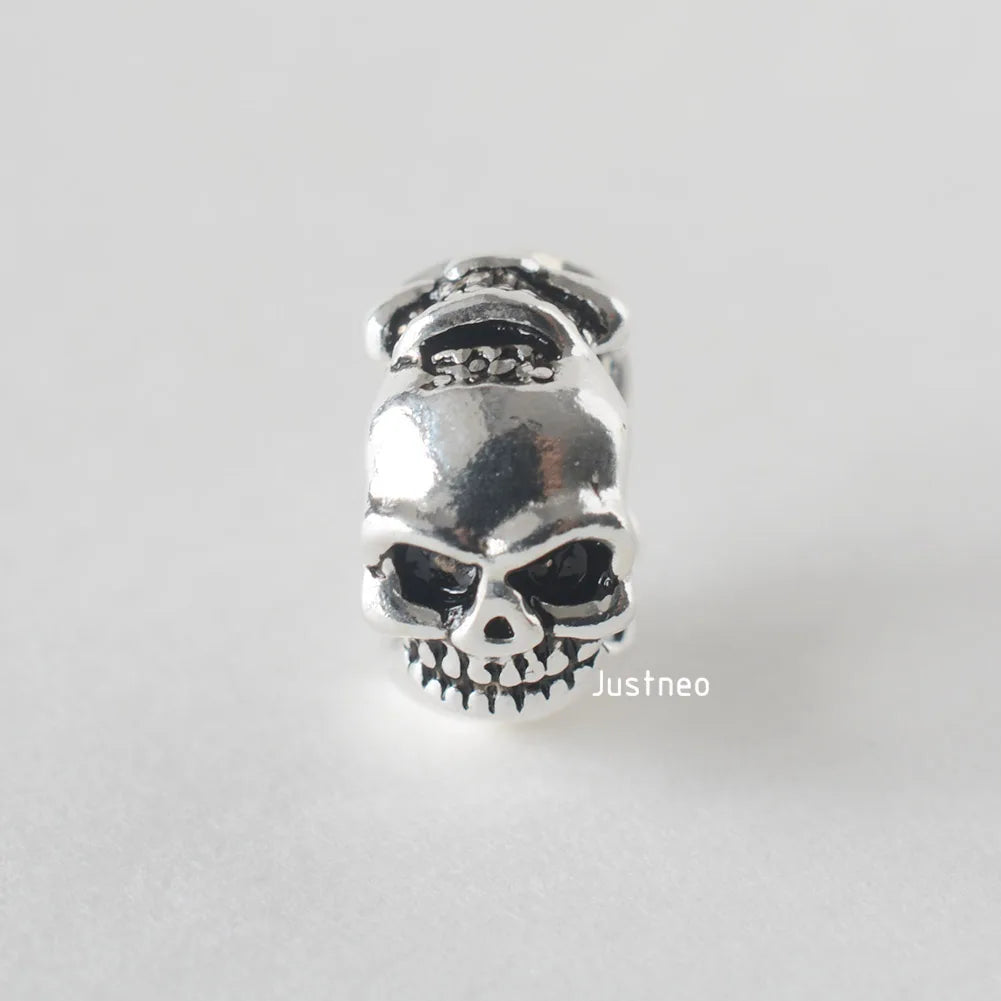 925 Sterling Silver Oxidized Skull Spacer, Vintage Black Silver DIY Jewelry Findings for Jewelry Making Supplies