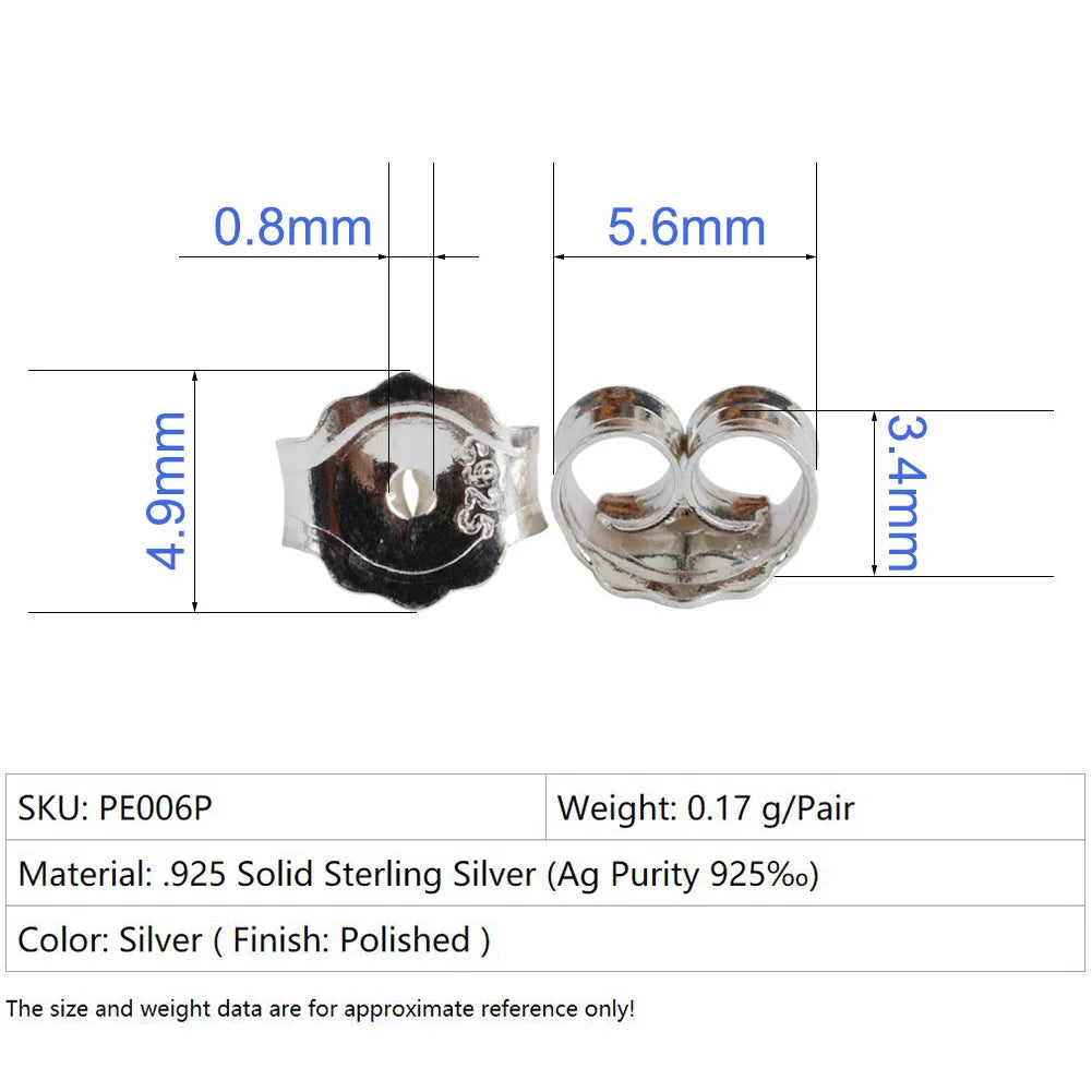 earnut,5.6mm solid 925 sterling silver earring backs  friction butterfly back stopper plug ,1pair