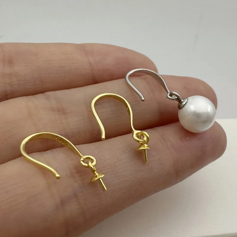 1Pair Solid 925 Sterling Silver Earring Hooks with Pearl Pins for Beads DIY Jewelry Accessories Making Components 18k Gold Color
