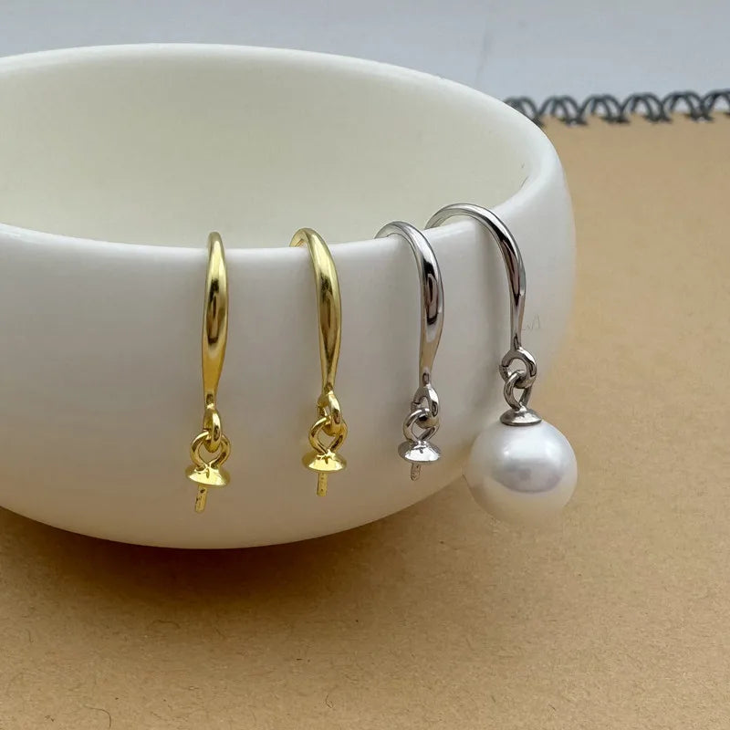 1Pair Solid 925 Sterling Silver Earring Hooks with Pearl Pins for Beads DIY Jewelry Accessories Making Components 18k Gold Color